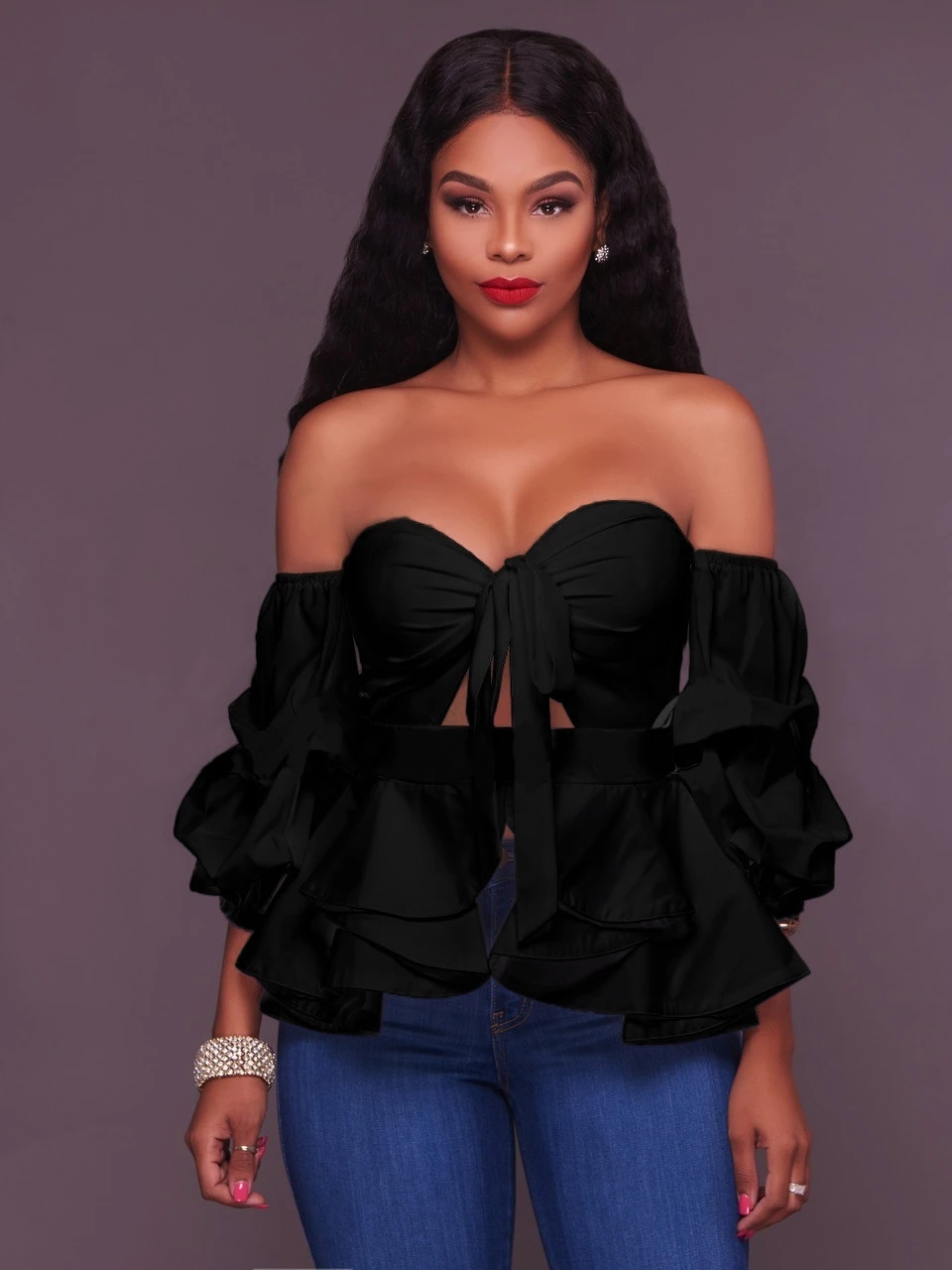 

Women's Ruffle Hem off oulder Top Casual Sle Slim Fit Long Sve Polyester Fabric One-oulder irt Pure Color Design