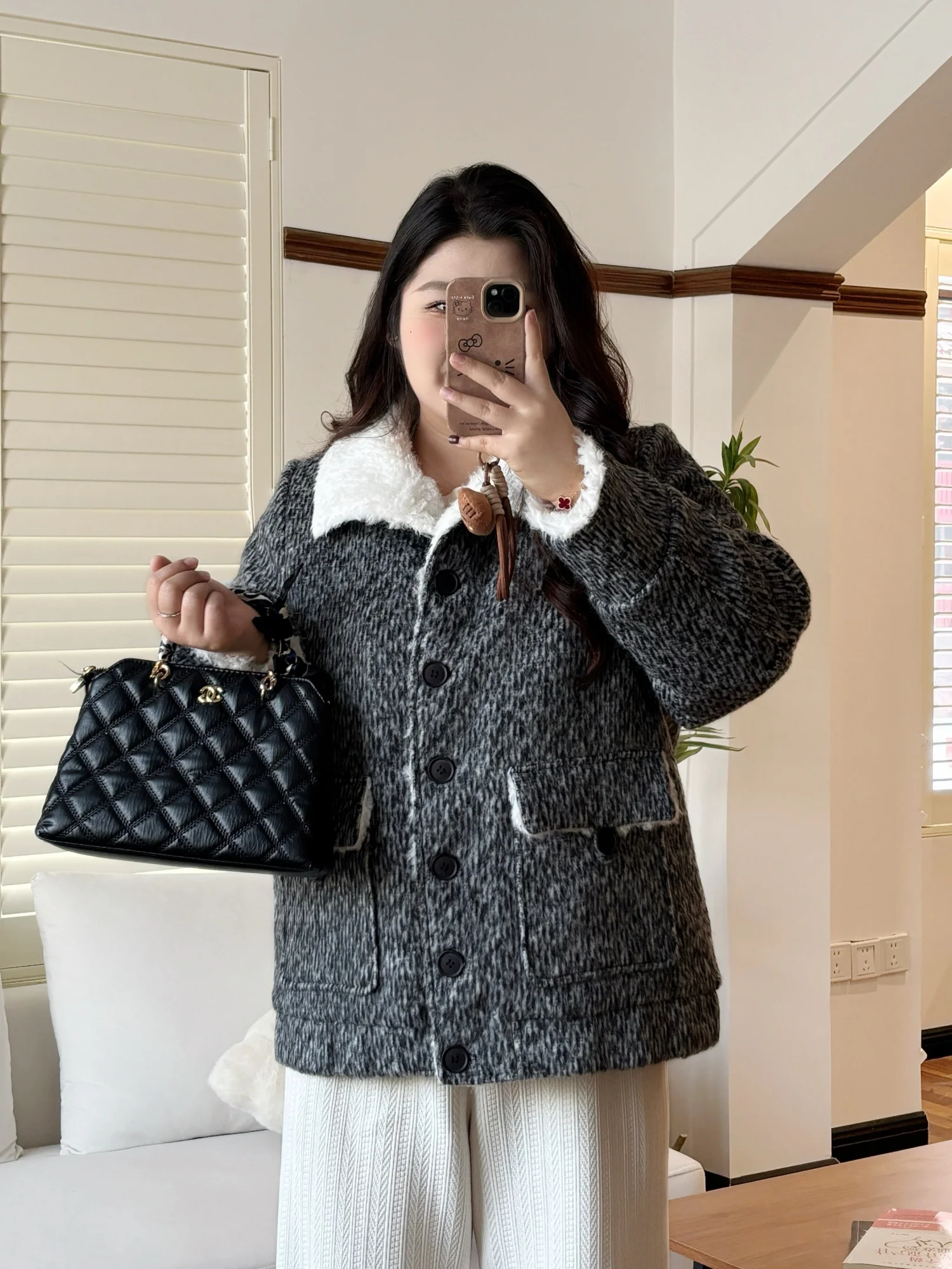 

plus Size Women's Winter Short Jacket Cotton Loose Fit Turn-down Collar Inner Polyester Wool Blend Casual Outerwear