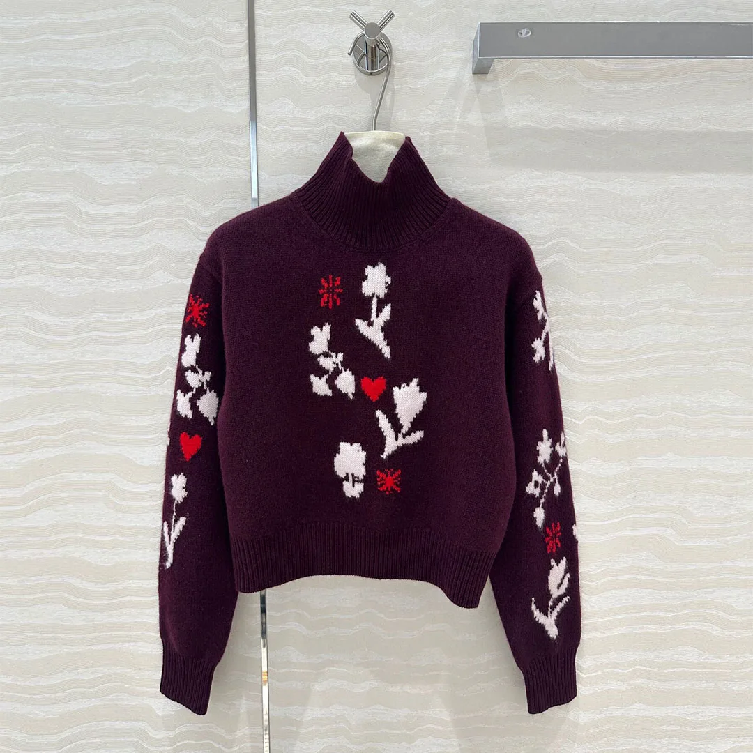 Top Quality Cashmere Silk Knitted Pullover Women Half Turtleneck Long Sleeve Fashion Floral Jacquard Casual Sweater Sweet Jumper