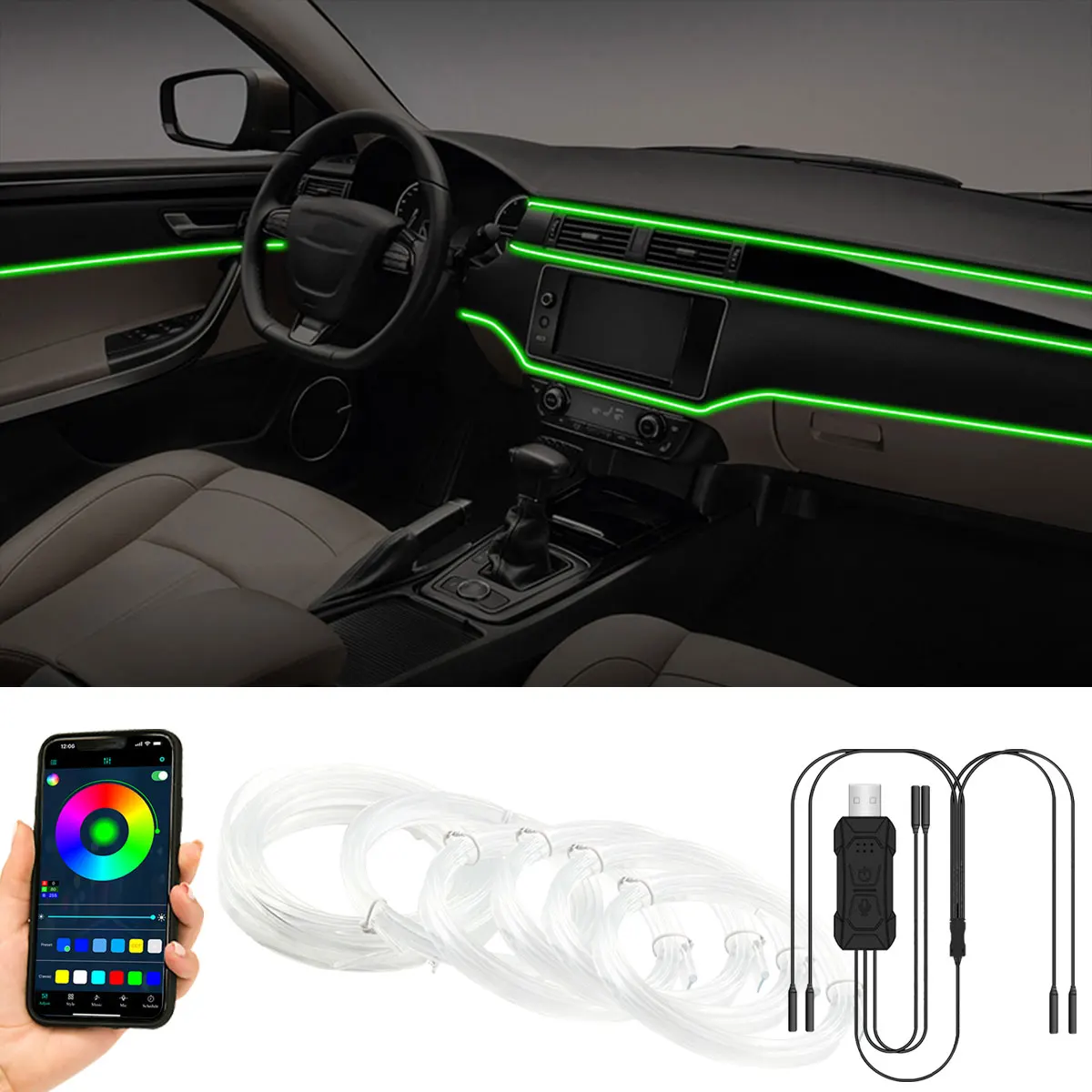 luzes-de-ambiente-rgb-led-4in1-6in1-para-interior-de-carro-barra-de-luz-neon-flexivel-fibra-Optica-luz-decorativa-com-controle-por-app