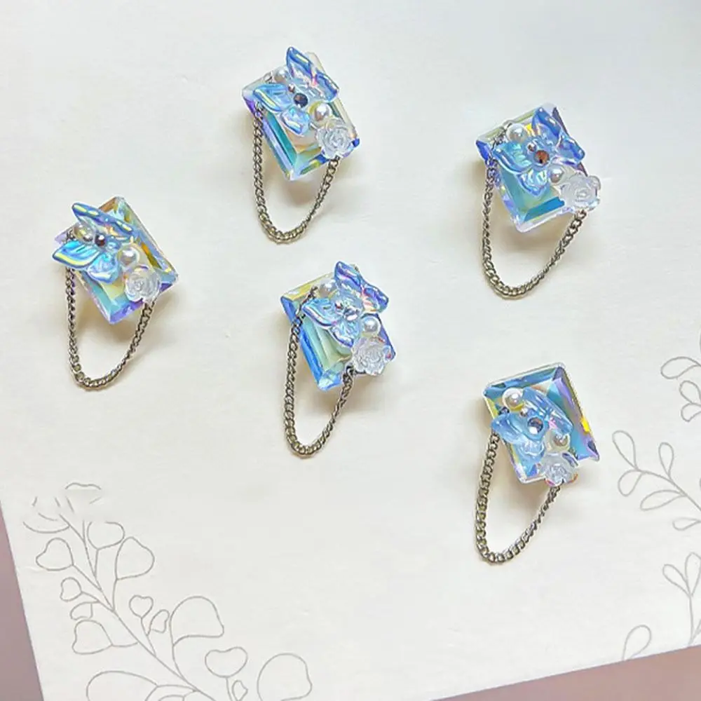 High Quality Ice Blue 3D Manicure Jewelry Nail Charms Butterfly Nail Studs Fashion Chain Crystal Nail Rhinestones Women