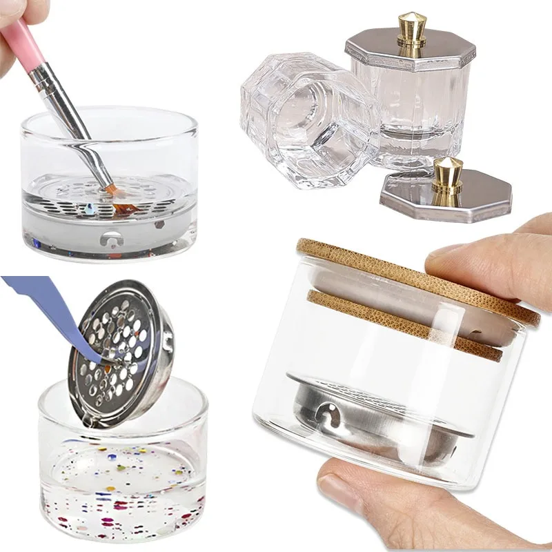 Vaso de cristal acrílico en polvo, taza líquida para uñas, cepillos para uñas, limpiador, tapa de plato, tazón con tapa, soporte para manicura, equipo, herramienta artística para uñas