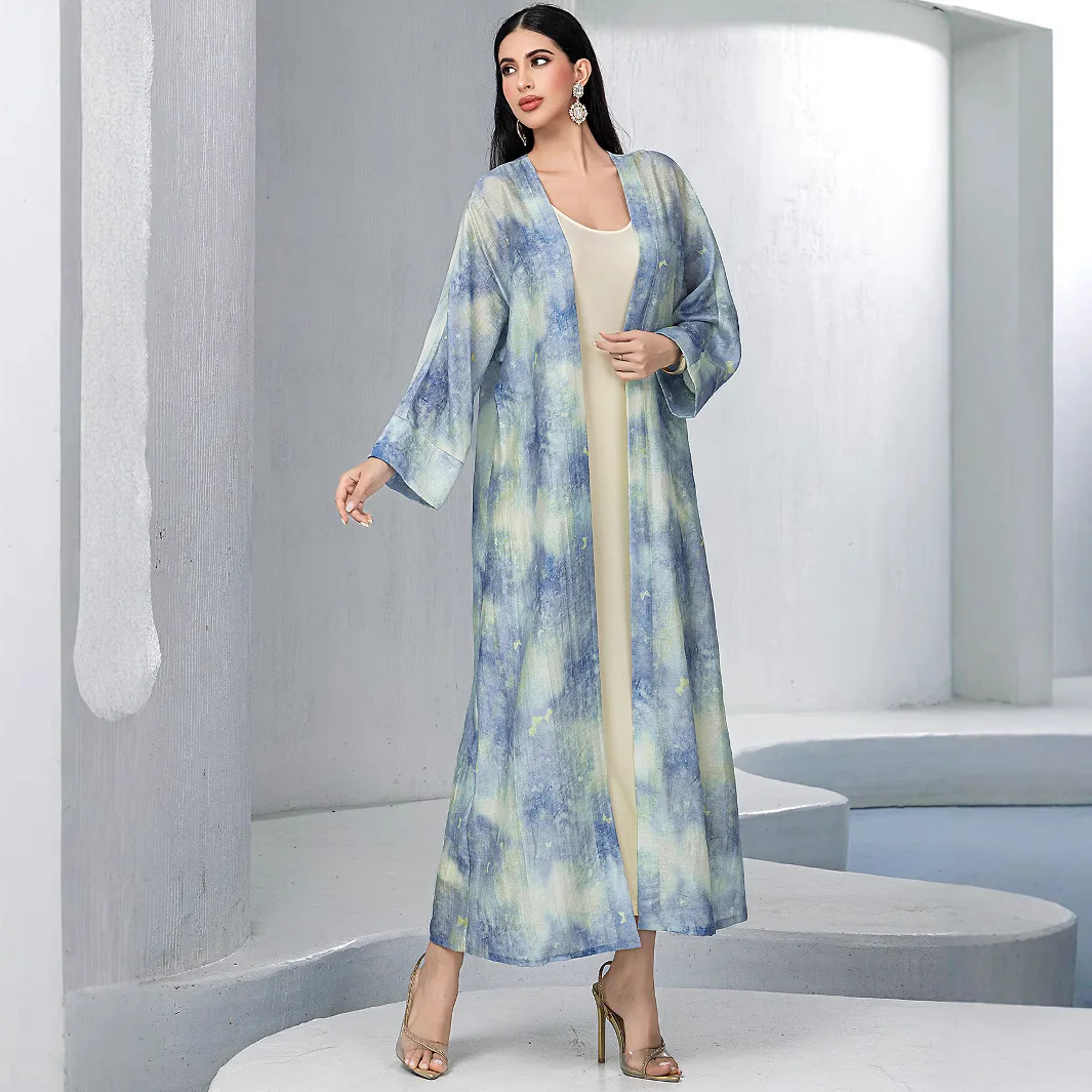 

Two-Piece Open Kimono Abayas Inner Dress Suit Printed Homewear Women Muslim Middle Eastern Dubai Kaftan Islam Arab Robe Ramadan