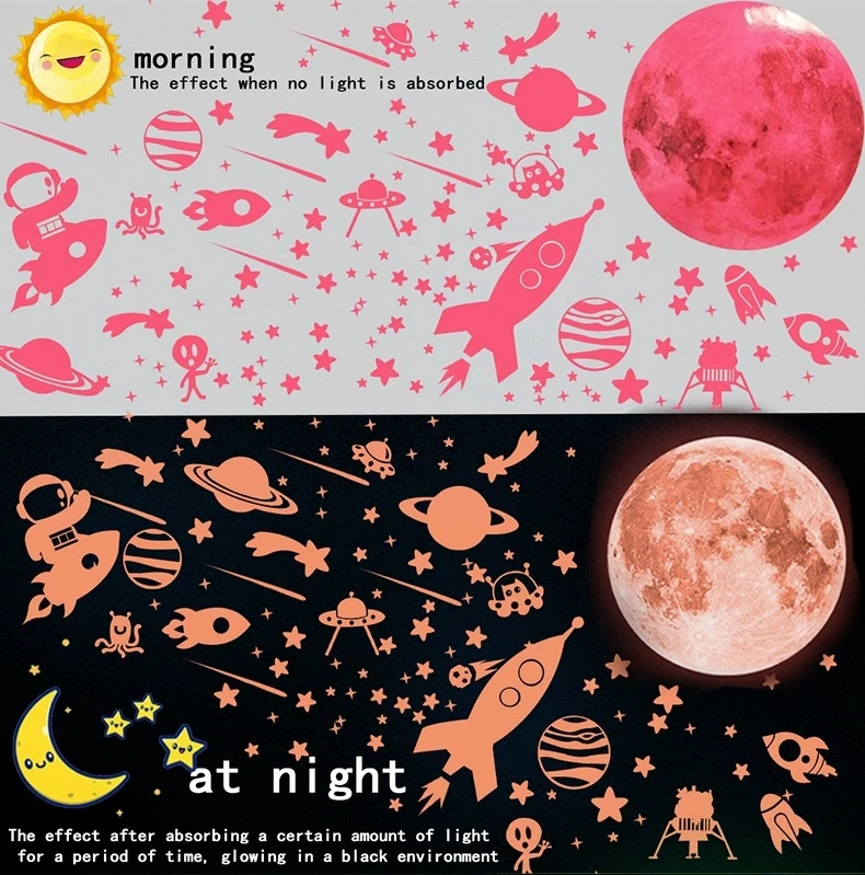 184 قطعة من ملصقات الفلورسنت المتوهجة في الظلام موضوع الفضاء نجوم القمر سفن الفضاء ، ديكور غرفة الأطفال ملصق كرتوني ذاتي اللصق
