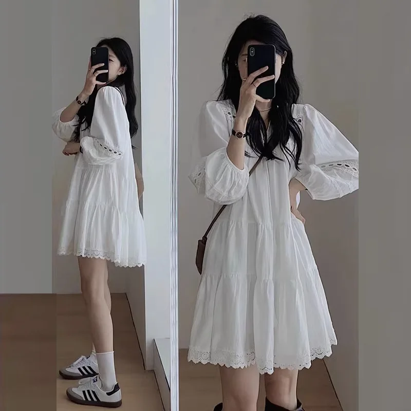 

French White Puff Sleeve Shirt Dress for Women 2025 New Spring and Autumn Small Person Long Sleeve Travel Outfit