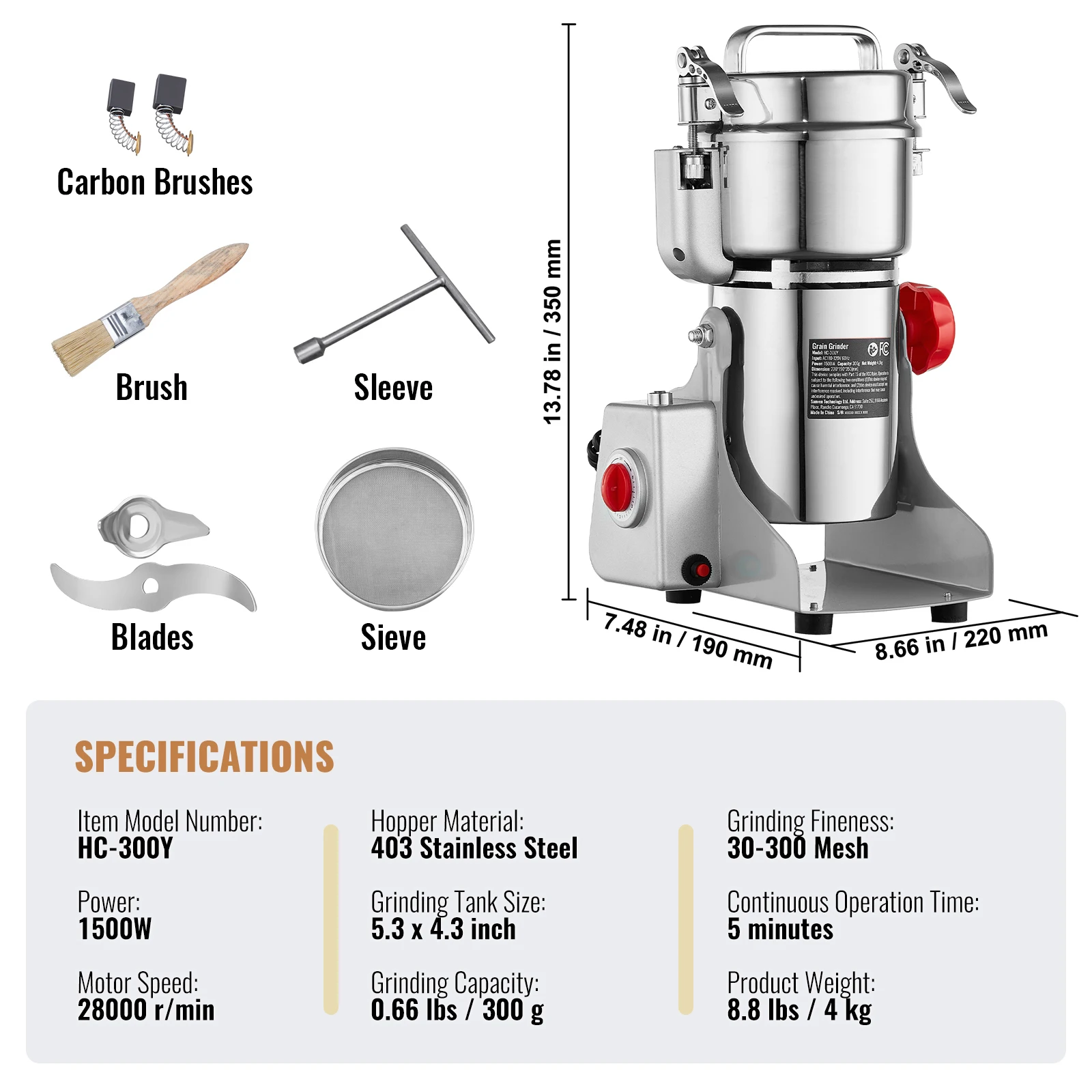SucceBuy 150-2500g Elektrische Graanmolen Molen Commerciële Swing Spice Grinders voor Droge Kruiden Granen Kruiden Granen Koffie Maïs