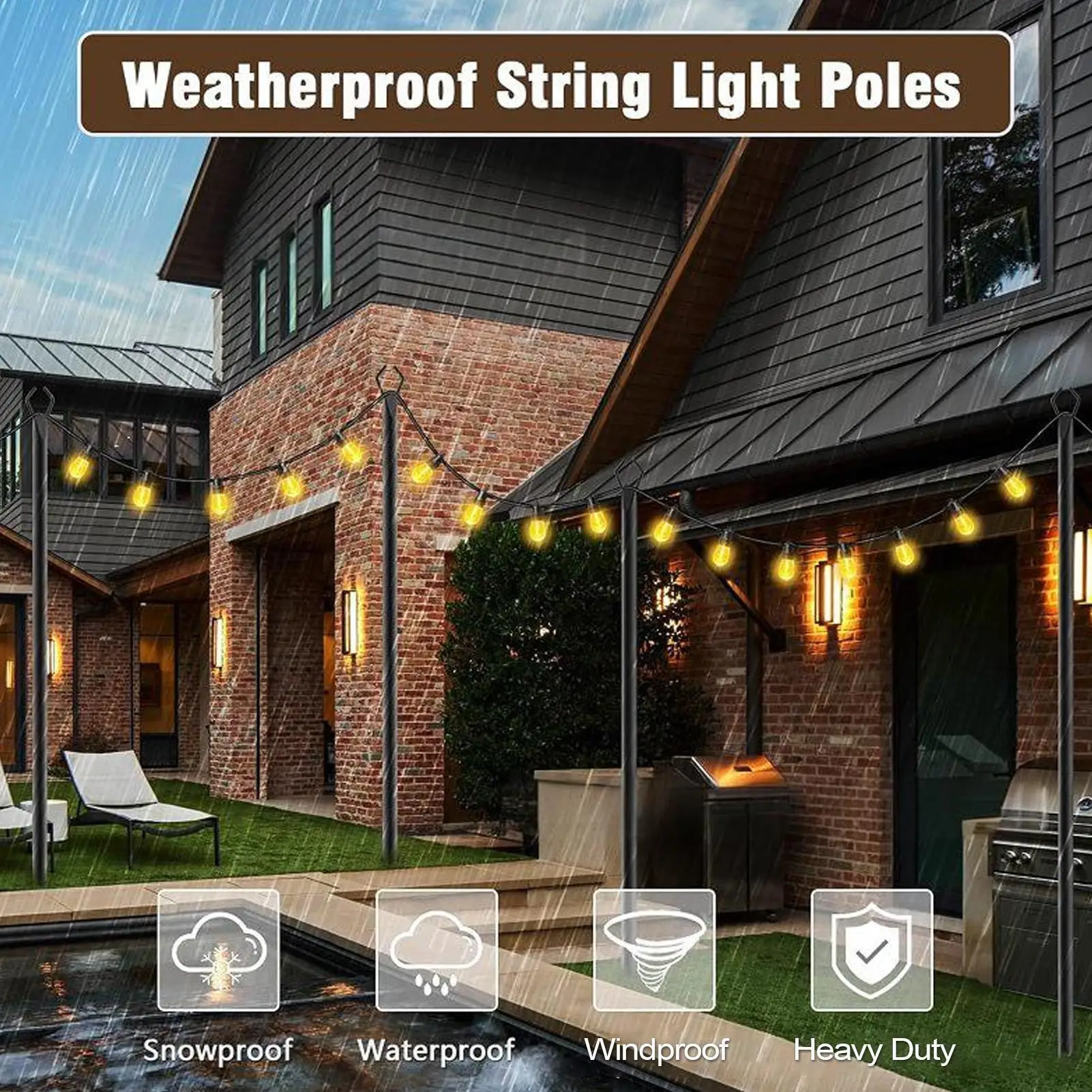 String Light Pole String Support Rod For Garden Heavy Duty Outdoor Light Support Poles For Lawn Deck Garden Terrace Driveway