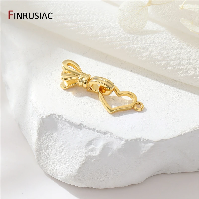 14K Gold Plated Brass Heart Bowknot Fasteners Closure Lock Connector Clasps For DIY Needlework Pearls Jewelry Making Accessories