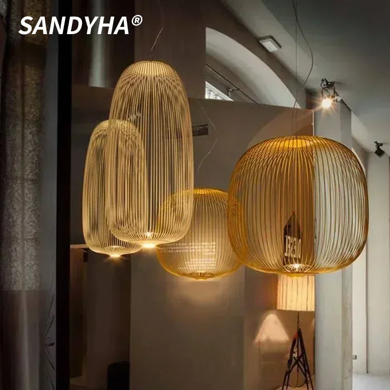 Sandyha-モダンな金属製の鳥かごペンダントライト、鉄のアート中空ハンギングシャンデリア、リビングルームの装飾、家庭用ダイニングテーブル照明