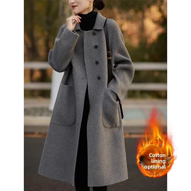 

Женское шерстяное пальто 2024, осень-зима, новое свободное пальто для похудения, средней длины, маленького размера, пальто на пуговицах, прямой крой