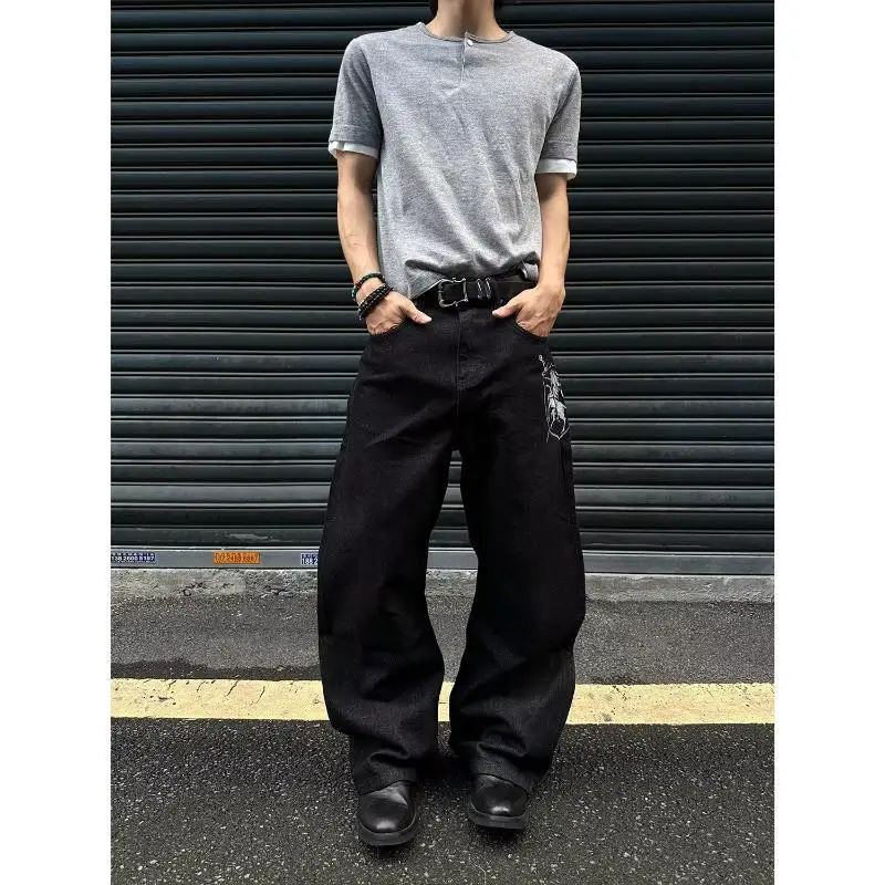 Men's Printed Pattern Black Jeans Casual Punk Pants Wide Legs Sweatpants Boy Street Bottom Male High Waist Unisex Baggy Trousers