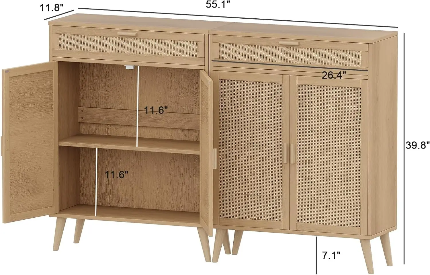 Set of 2 Floor Storage Cabinet with Rattan Doors, Accent Bathroom Cabinet with Large Drawer, Freestanding Storage Cabinet