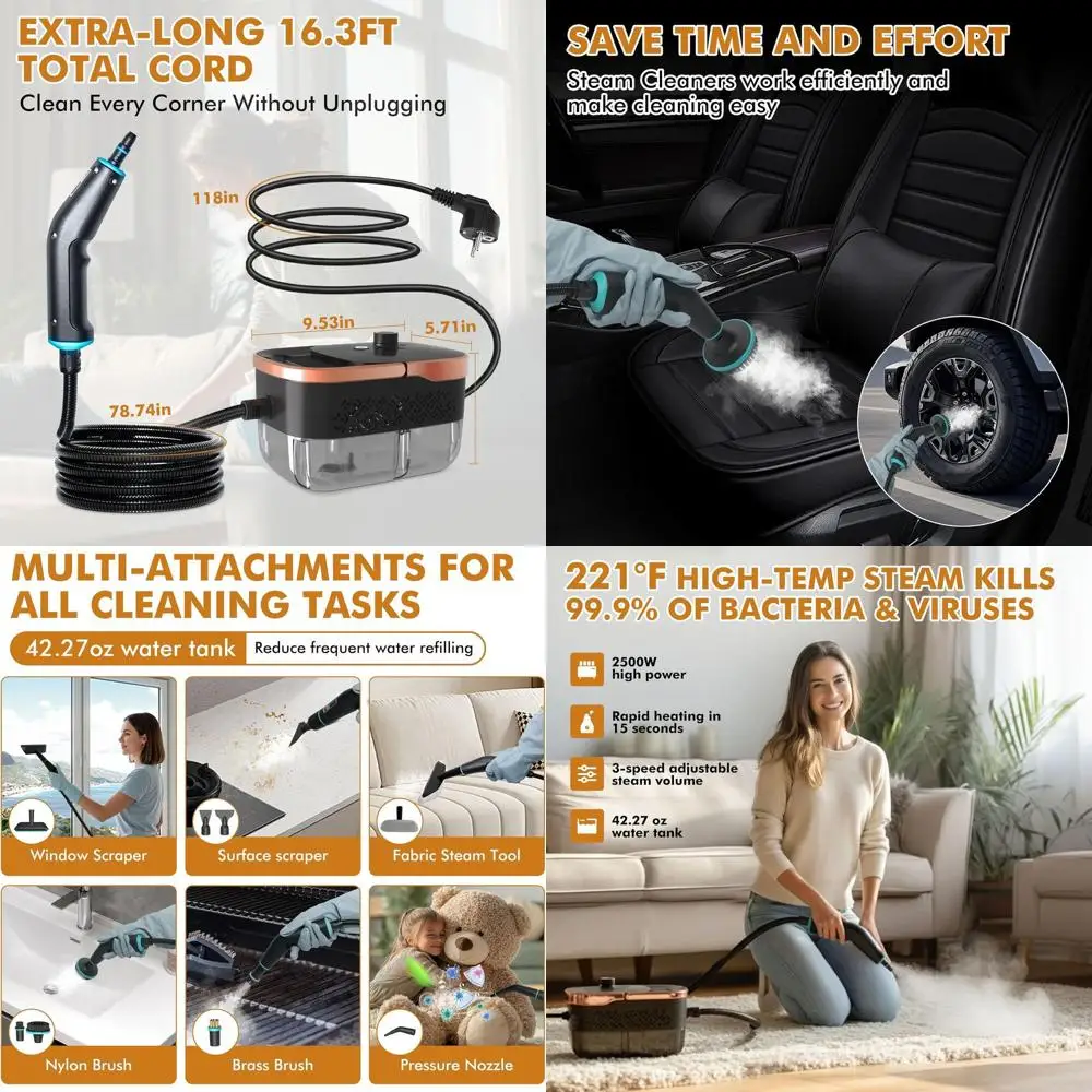

Portable 2500W Steam Cleaner with 15 Accessories for Home, Car, and More