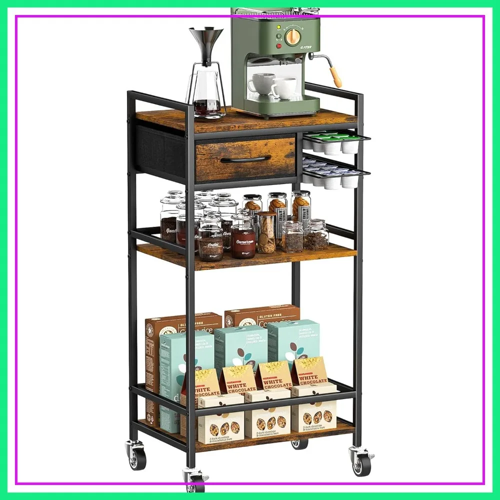 

4-Tier Coffee Bar Cart with Storage, 33" H Coffee Station Cabinet with Pod Drawers, Mini Toaster Oven Stand Table for Home Kitchen Living Room