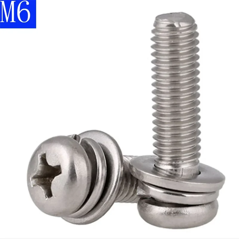 M6 - 1.0  6mm  304 Stainless Stell Cross Recessed Pan Head Screw, Spring Lock Washer and Plain Washer Assemblies Phillips