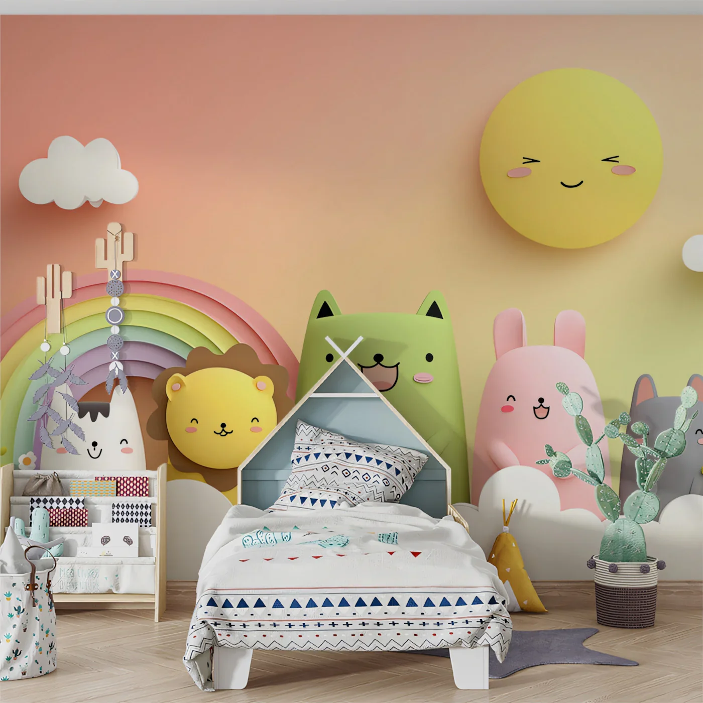 3D Animal Friends Mural Wallpaper — Pastel Rainbow & Sunset Sky Custom Peel and stick wallpaper