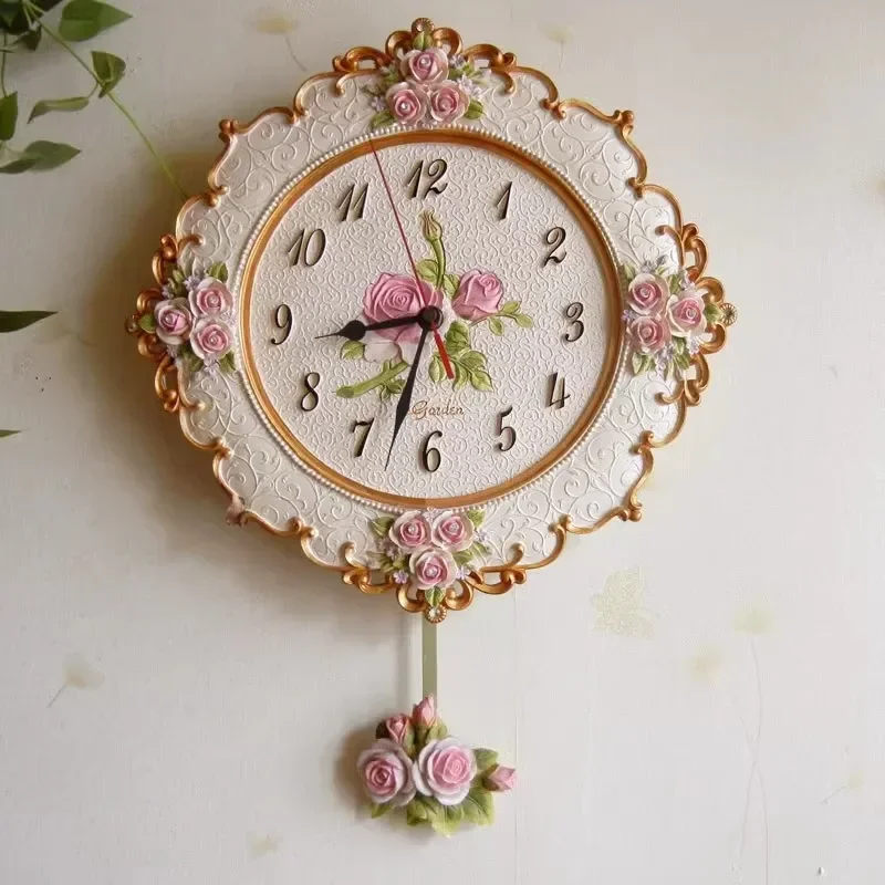 European  Retro resin Pastoral quartz clock Mute style wall clock Muted fashion rose flower round wall clock