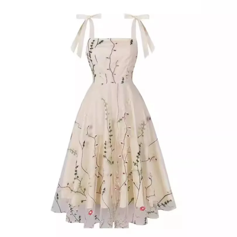 Vintage French Style Flower Embroidery Mesh Backless Spaghetti Strap Party Dress Women Summer Vacation A-Line Midi Swing Dresses