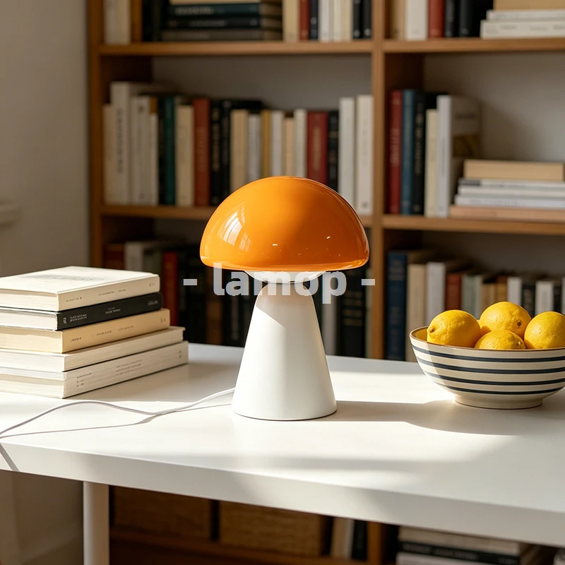 Matte Orange Half Dome Mushroom Conical Base Table Lamp Cream Healing 3 Tone Soft Light Round Bedside Nightstand Decor Lamp