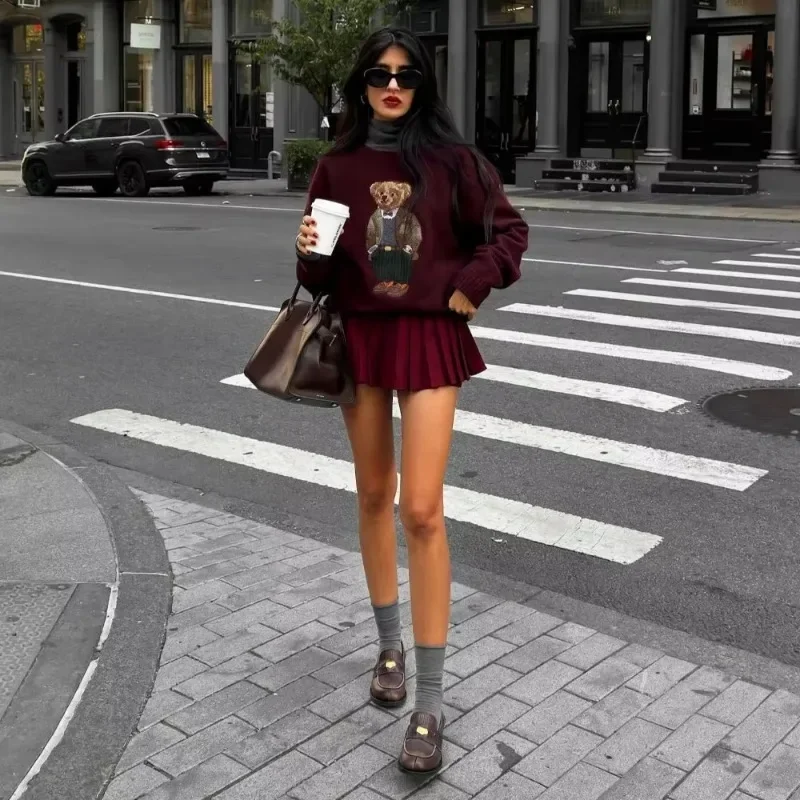 

Модный осенне-зимний новый стильный вязаный свитер с вышивкой медведя и вязаным топом для колледжа с героями мультфильмов