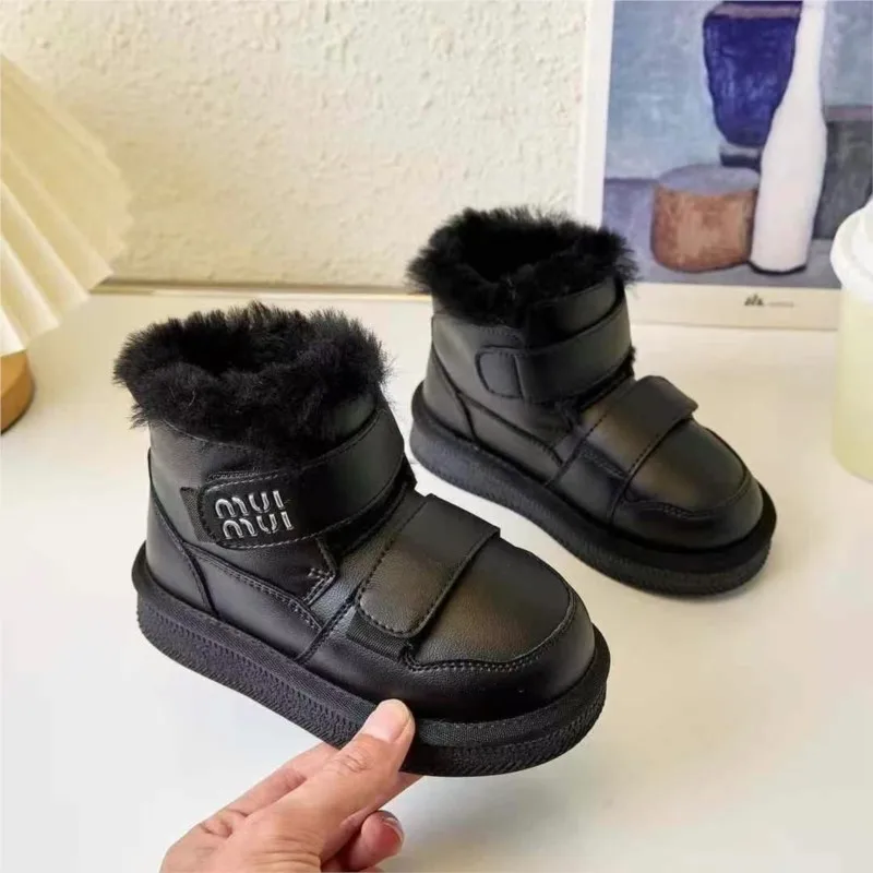 Children's Fleece-Lined Cotton Boots 2024 Winter New Style Snow Boots Leather Integrated Thickened Cotton Shoes Baby Boots