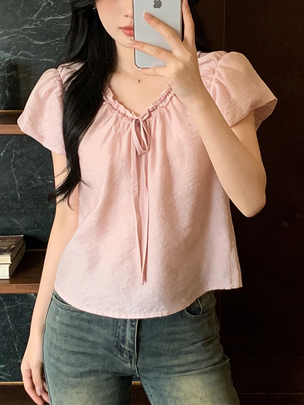 

Large Size Pink V-Neck Puffy Sleeve Shirt Women Summer New Gentle Style Outerwear Wood Grain Ruffle Casual Business Shirt