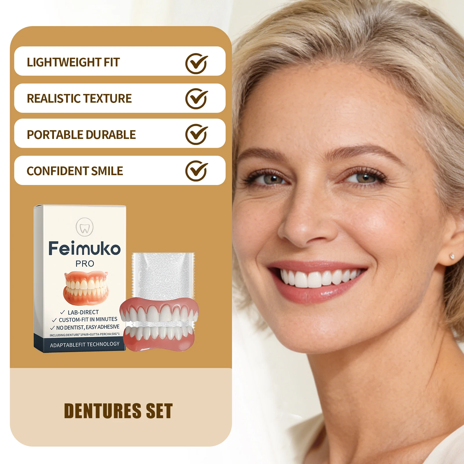 Natural Pro Denture Veneers Set Fast Fit Easy Adhesive Cover Tooth Gap Instant Smile Correction Cosmetic Fake Teeth Dentures Kit