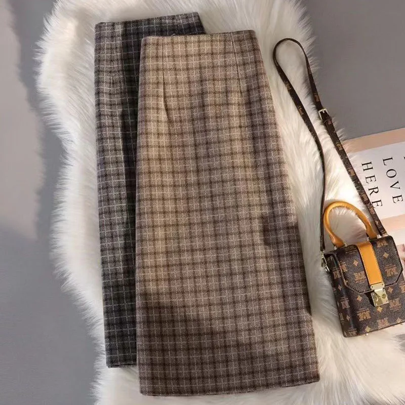 

Fall Winter Thickened Woolen Skirt for Women High Waisted Split Vintage Plaid Skirts Female Elegant A-Line Zipper Long Skirt