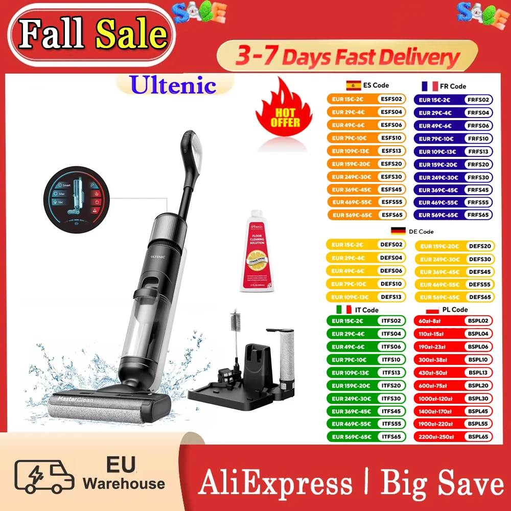 Aspirateur et vadrouille sans fil Ultenic Ac1 Elite avec autonettoyage, autonomie jusqu'à 50 minutes, détection intelligente de la saleté, 3 modes de nettoyage