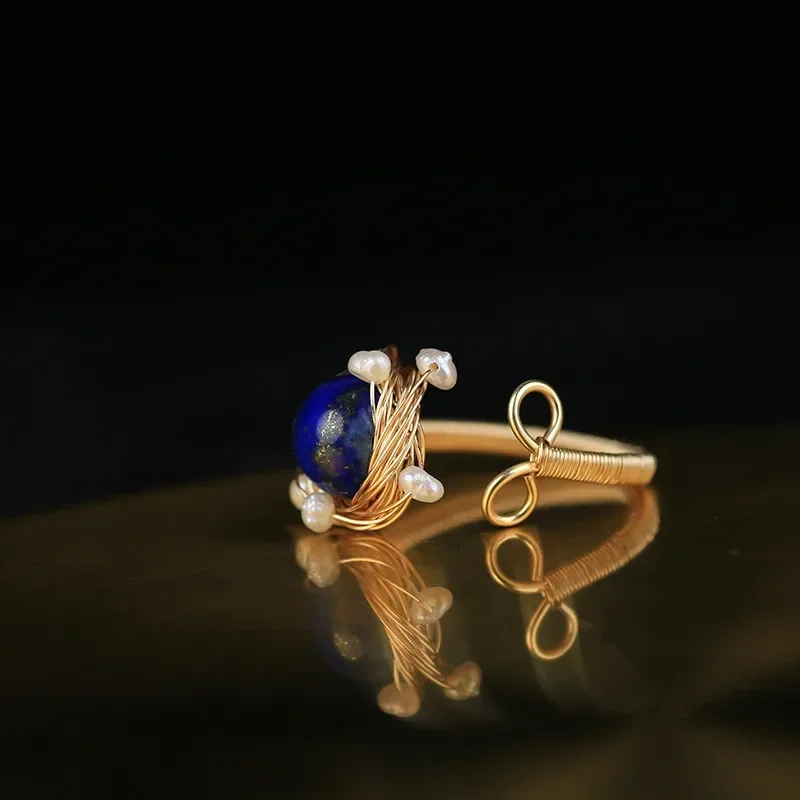 Cincin Vintage model Korea, perhiasan cincin mutiara anak perempuan, tempramen, mata biru, Lilitan, cincin Vintage bisa disesuaikan, gaya Korea, baru, buatan tangan