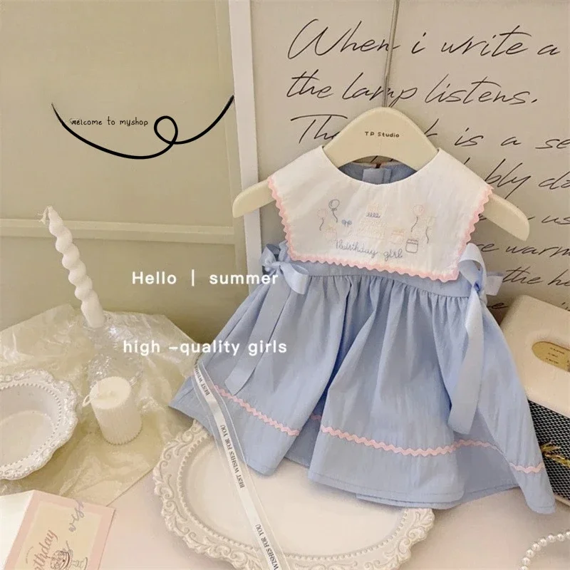 Girls Skirt Summer Blue Heavy Embroidery Dress Baby Fashion Foreign Fashion Little Child Doll Collar Sundress Cartoon Skirt