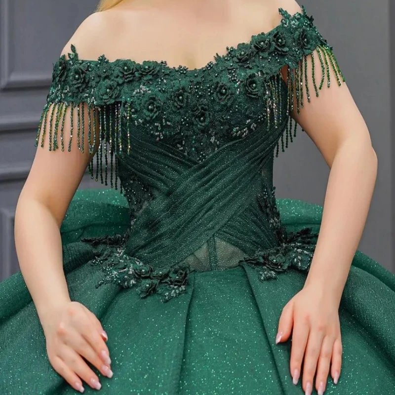 AQ175 Customized Luxury Green Glitter Quinceanera Dress Off Shoulder Applique Lace Corset Prom Party Pageant Vestido De 15 Anos