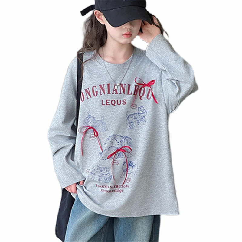 New Autumn Fashion Child Clothes Long Sleeve T-shirt For Teen Girl Loose Casual Cotton Tshirt Top with Bows Kids Gray Tees 7-14Y