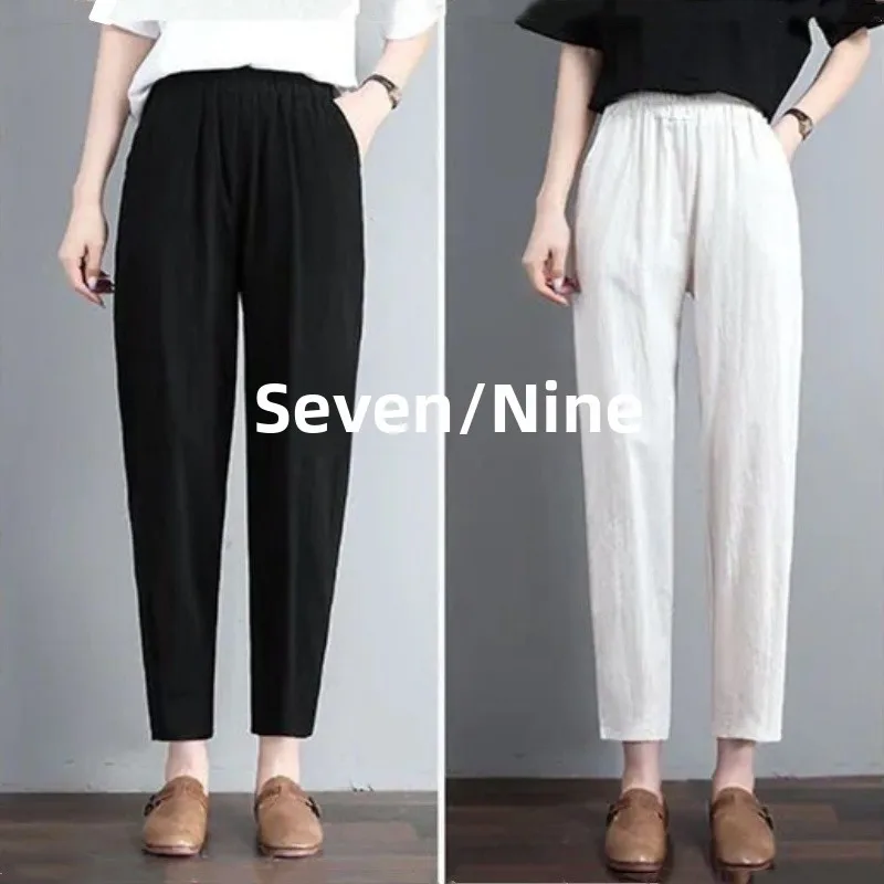 Pantalones informales de pierna recta holgados de lino y algodón para mujer, pantalones Harlan finos de verano para mamá, pantalones de calle cómodos y transpirables de talla grande