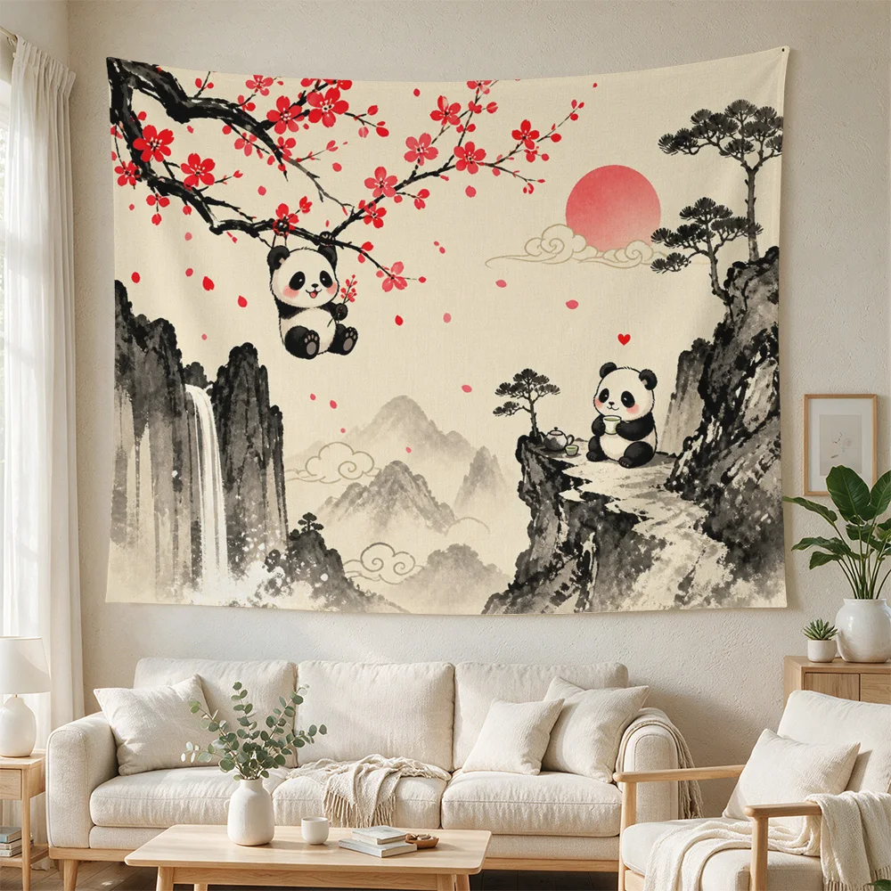 Large Panda Bamboo Forest Waterfall Watercolor Tapestry Wall Hanging Home Decor Art Print for Living Room Bedroom