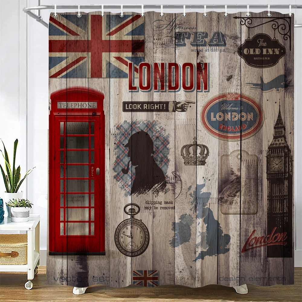 

Custom Old Wood Shower Curtain Waterproof Bathroom Polyester Fabric Retro British style Bath Curtains Decor With Hook