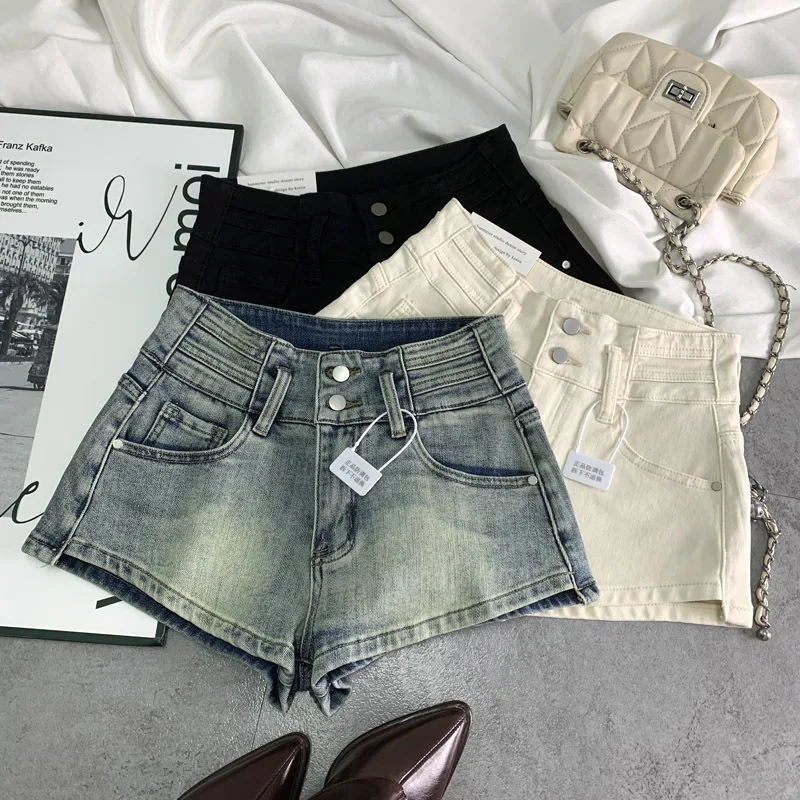 DEAT Women's Denim Short Slim Double Buttons High Waist Wrap Hips Wide Leg Causal Short Pants 2025 New Fashion Spring 29L9546