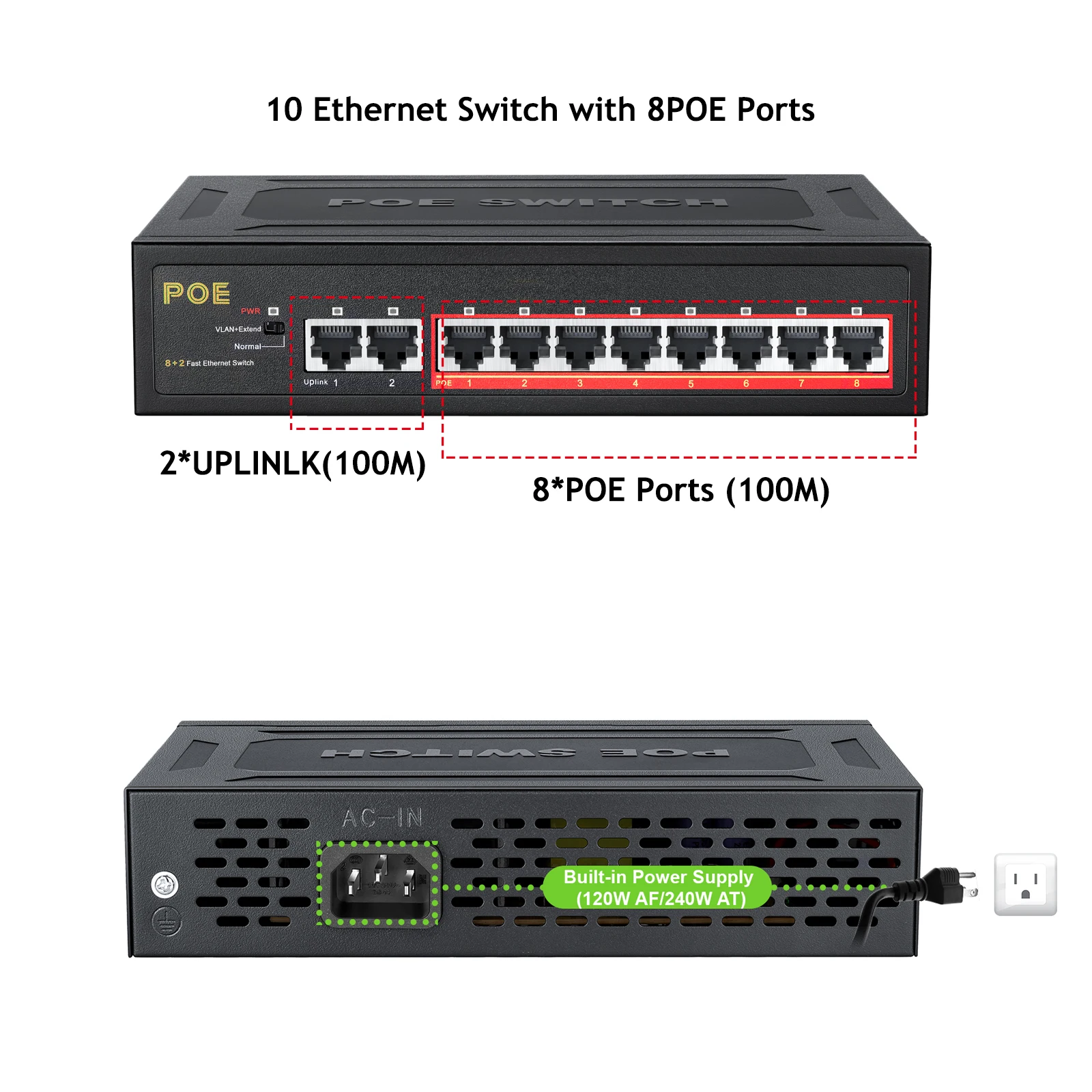 Switch POE TEROW Link TE204 Switch di rete POE a 10 porte 100Mbps alimentatore integrato 52V 93W 8 + 2 Switch Ethernet veloce VLAN