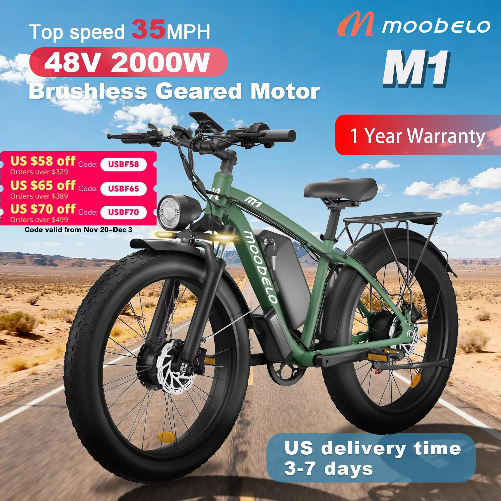 

Moobelo M1 48V 2000W Dual Motor E-Bike 26" Fat Tires Front Suspension | CE Certified Ideal for US Snow/Beach/Urban Riding EBike