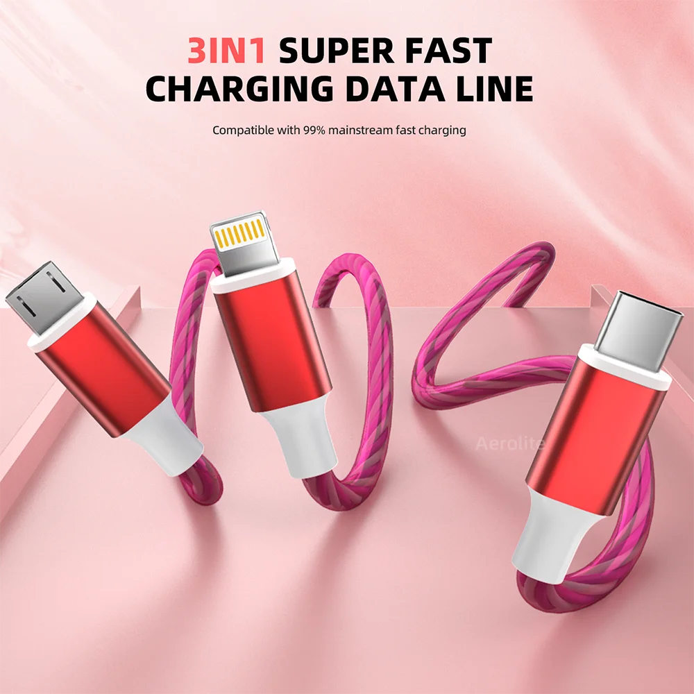 Cable de carga de teléfono con luz LED de flujo Universal multi USB 3 en 1, con interfaz para conector de cargador Micro USB Apple + tipo C +