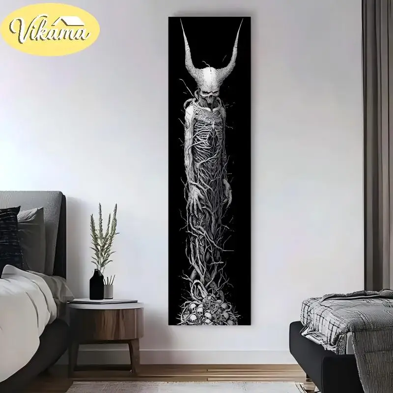 Vertical Striped Demon Skeleton Tapestry, Black-and-White Sketch of a Long-Horned Demon, Hallway Home Decor