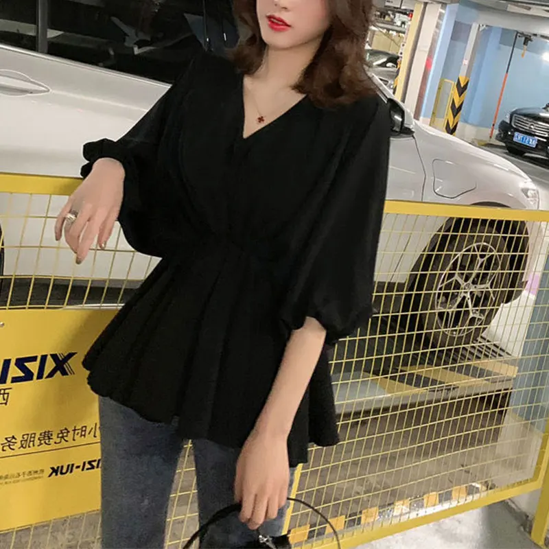 Women Summer Fashion Office Lady Simplicity V-neck Chiffon Shirts Women Clothes Elegant Temperament All-match Casual Loose Tops