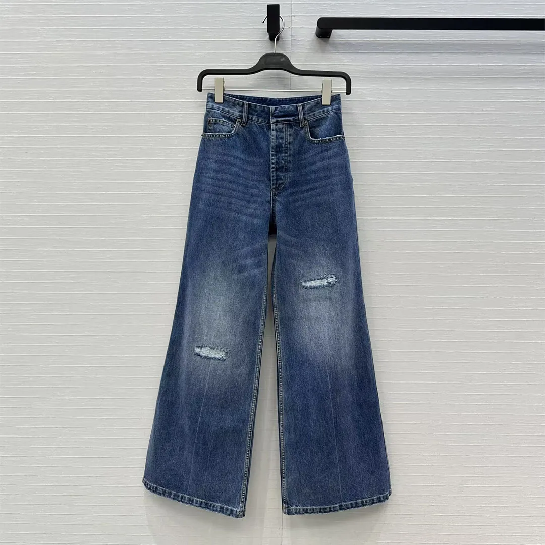 

Новая осенняя модная уличная одежда, потертые рваные широкие джинсовые брюки, женские однобортные свободные повседневные джинсы с высокой талией в стиле ретро