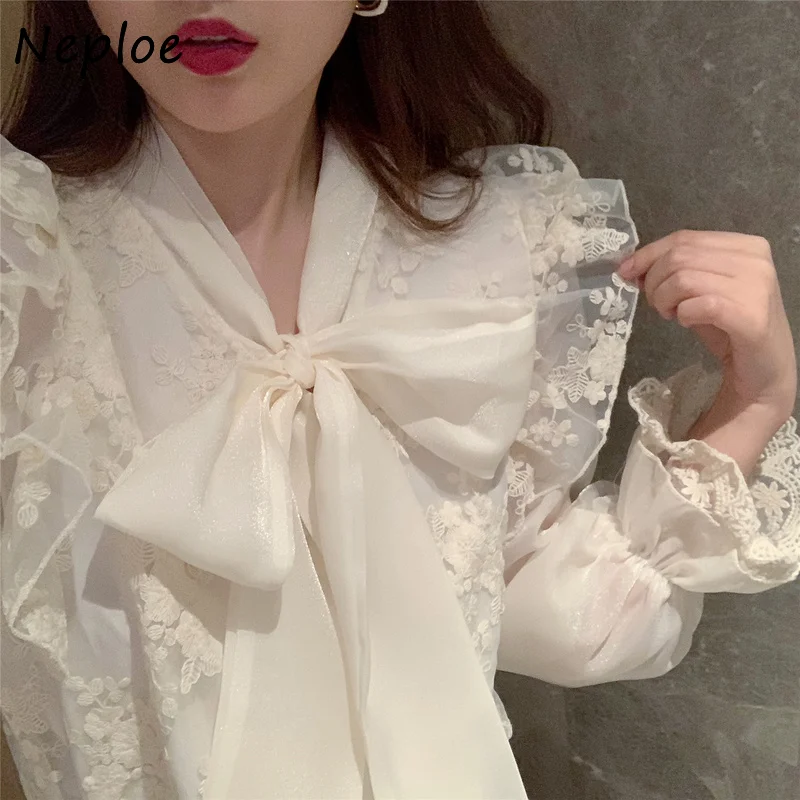 Neploe Elegant Lace Hook Flower Solid Blouse Women Bow Design Work Style Ol Solid Blusas Spring 2024 New All Match Shirt Femme