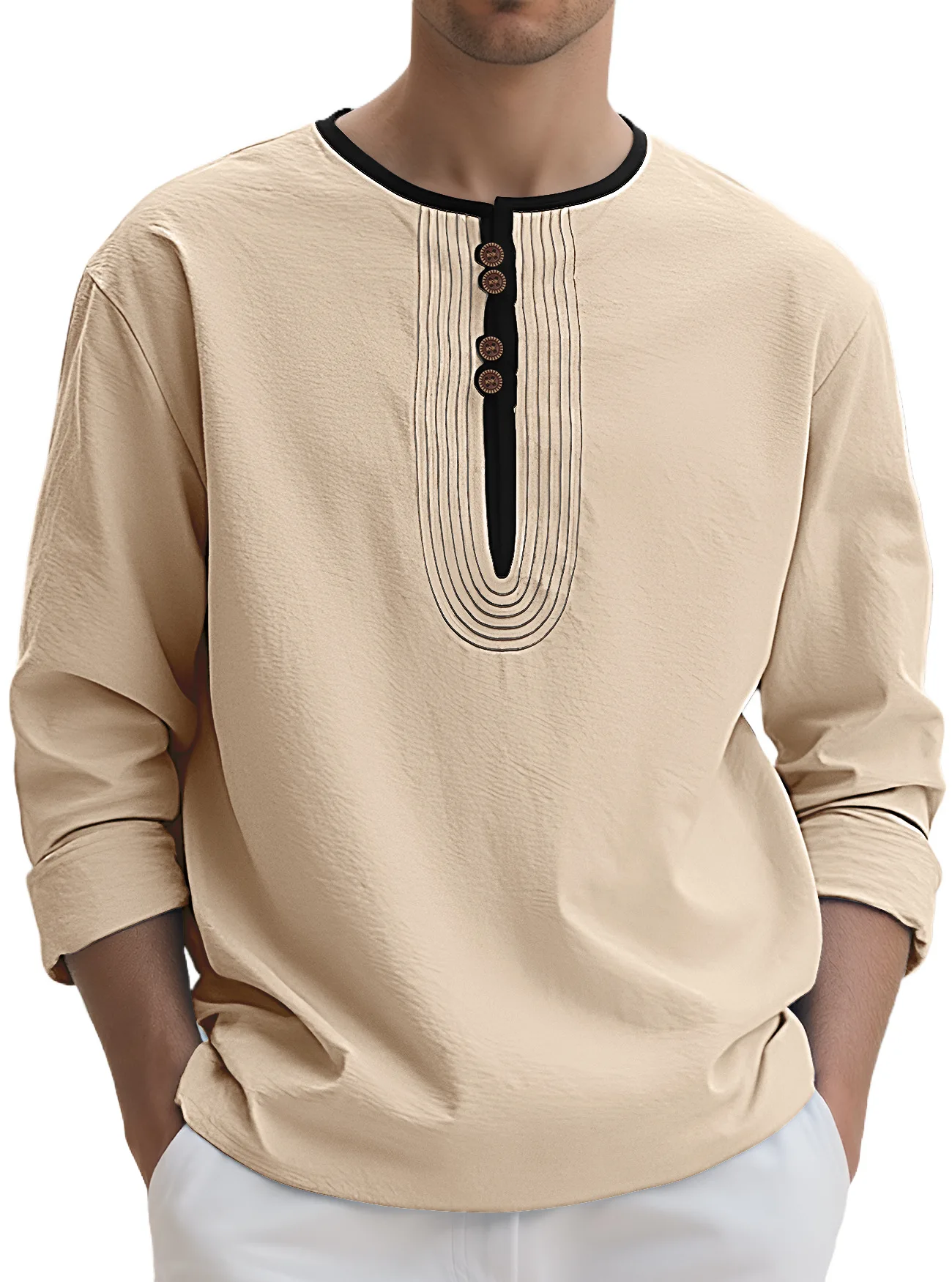 

Henry neck European and American men's solid color linen loose casual sports long-sleeved T-shirt
