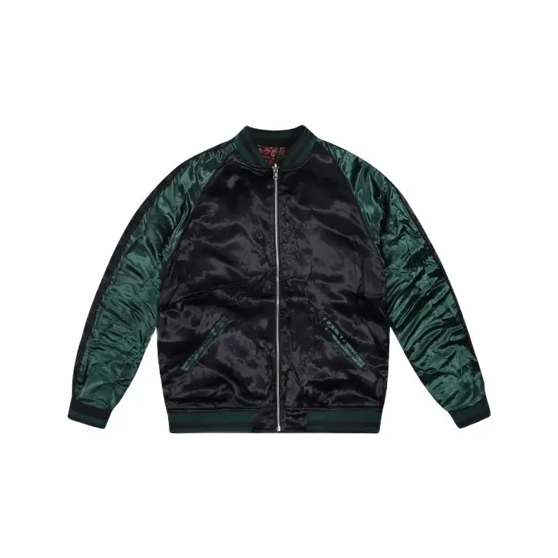 Green Black Men Boys Reversible double-sided High Street Streetwear Vintage Sakura Fire Embroidered Sukajan Souvenir Jacket