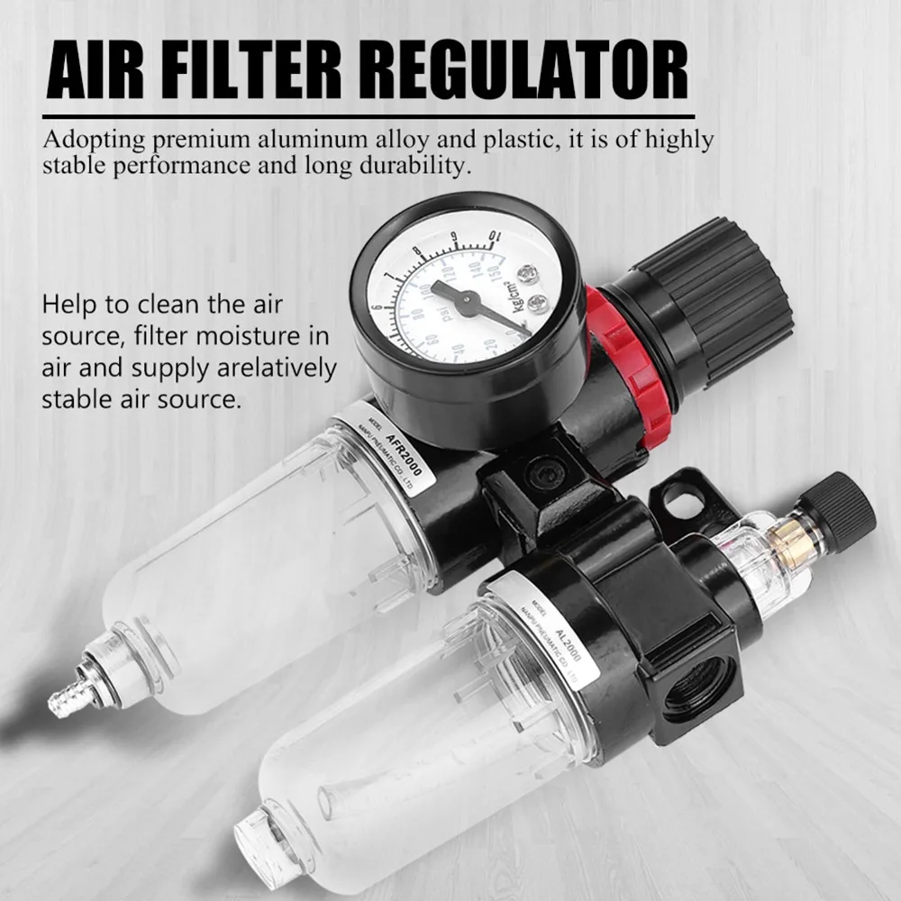 Aluminum Alloy Air Filter Regulator Lubricator Semi-Auto Drain Valve Compact Oil Water Separator Filter Black