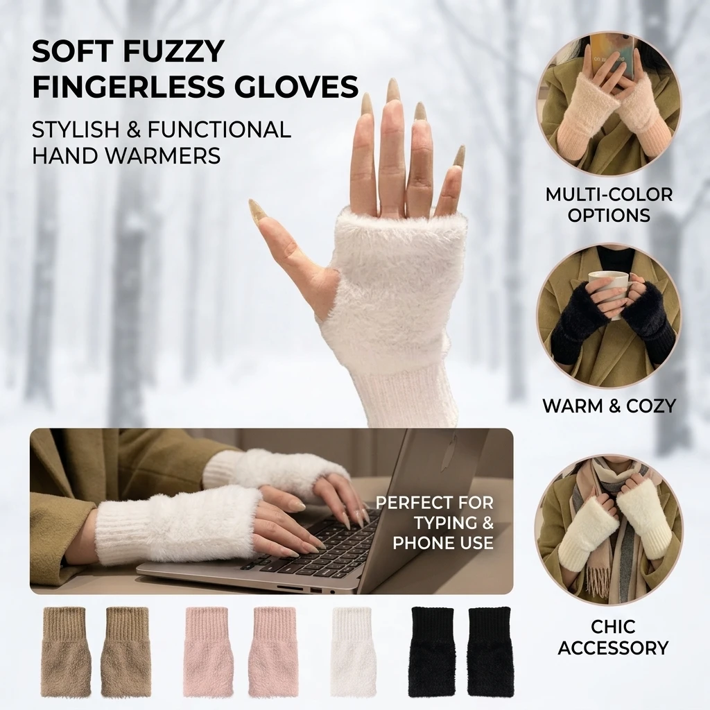 Women's Winter Touch Screen Plush Gloves Warm Thick Velvet Half Cut Handwriting Knitted Wristband Cover