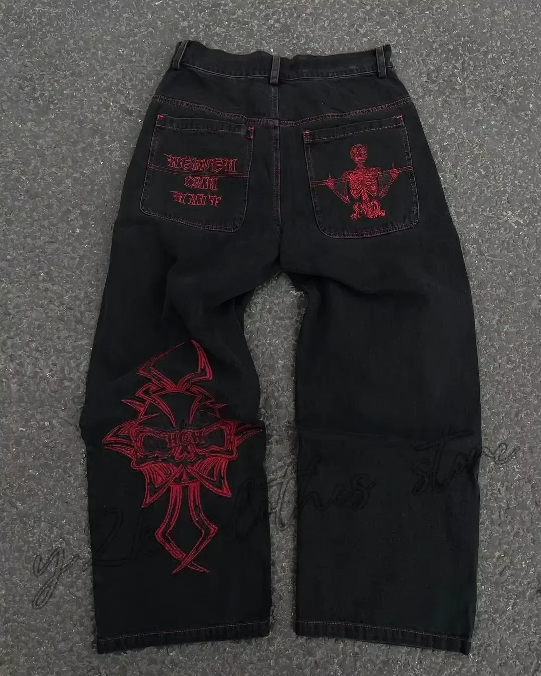 Men Y2K Hip Hop Baggy Jeans Retro Skull Embroidery Washed Denim New Straight Loose Wide Leg Casual Streetwear Trousers
