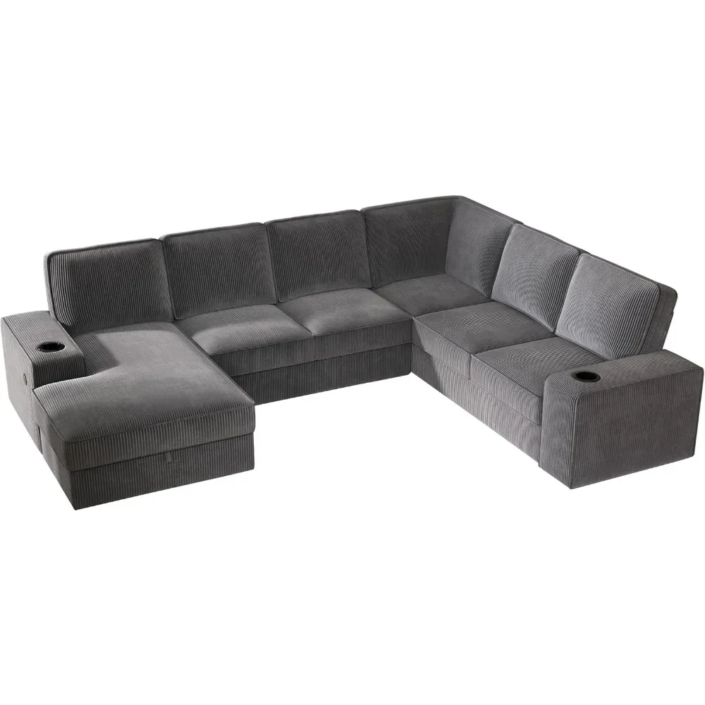 Oversized Sofa, 112 Inch U Shaped Sofa with USB Ports, Sectional Sofa Couch with Storage Chaise, Corduroy Living Room Sofas